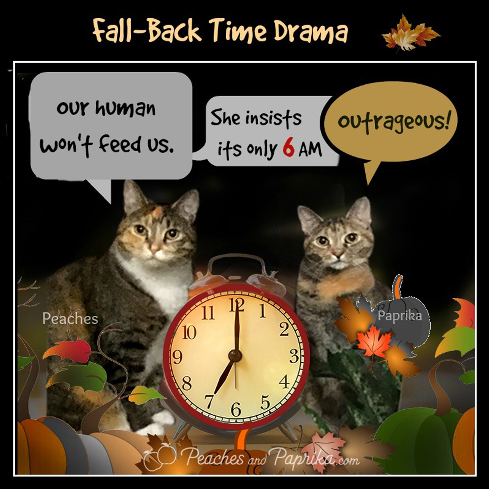 Fall Back Clock Change Digital Card - Peaches & Paprika cats